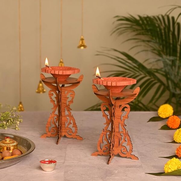 Wooden Traditional Deepam Stand Hand Crafted Diya Set for Pooja Decoration