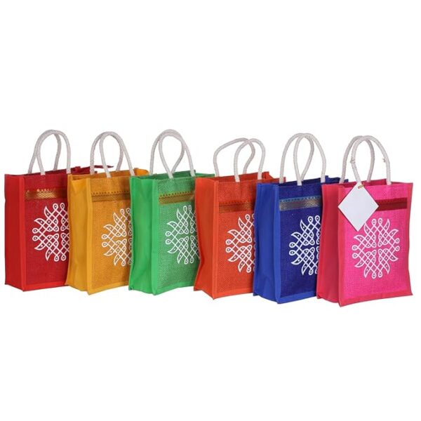 Jute Bags with Contrast Kolam Print for Return Gifts