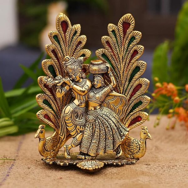 Peacock Design Radha Krishna Idol Showpiece with Diya for Puja and Home DecorPeacock Design Radha Krishna Idol Showpiece with Diya for Puja and Home Decor