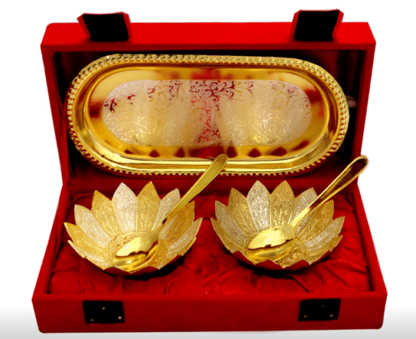 Gold Plated Bowl Set, Spoon & Tray In German Silver